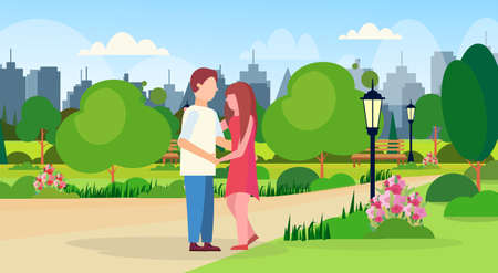 man woman embracing walking together city public park happy valentines day holiday concept couple in love relaxing outdoor cartoon characters full length horizontal flat vector illustrationのイラスト素材