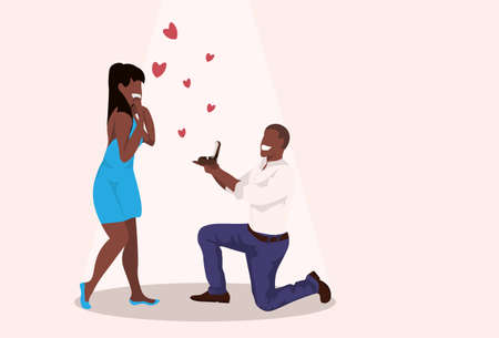 man kneeling holding engagement ring proposing to surprised woman marry him happy valentines day concept african couple in love marriage offer full length horizontal vector illustrationのイラスト素材