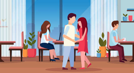 couple dancing together happy valentines day holiday celebrating concept man woman having fun modern cafe interior happy lovers flat horizontal vector illustrationのイラスト素材