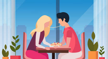 couple eating spaghetti together happy valentines day holiday dinner concept man woman enjoying food modern restaurant interior horizontal flat vector illustrationのイラスト素材