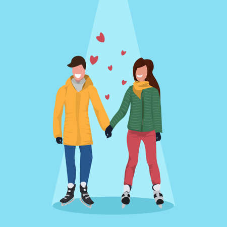 couple skating ice rink happy valentines day concept man woman in love wearing winter clothes holding hands female male cartoon characters full length flat vector illustrationのイラスト素材