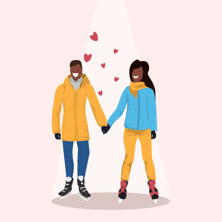 couple skating ice rink happy valentines day concept african american man woman wearing winter clothes holding hands female male cartoon characters full length flat vector illustrationのイラスト素材