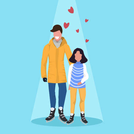 father and daughter skating ice rink happy family wearing winter clothes holding hands holiday activities concept male female cartoon characters full length flat vector illustrationのイラスト素材