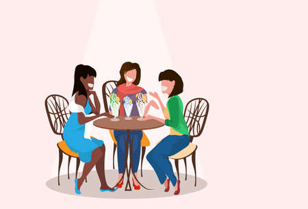 women friends sitting cafe eating ice cream female friendship communication concept mix race girls having friendly chat horizontal flat vector illustrationのイラスト素材