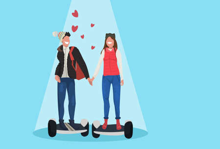 couple riding electric scooter hover board happy valentines day concept man woman in love driving modern personal transport female male cartoon characters horizontal flat vector illustrationのイラスト素材