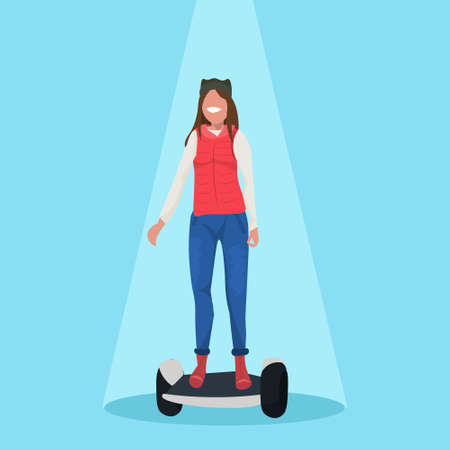 happy woman riding electric scooter girl standing on modern personal transport concept female cartoon character flat vector illustrationのイラスト素材
