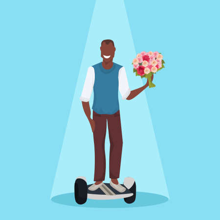 happy man riding electric scooter holding flowers bouquet holiday celebration concept modern personal transport agrican american male cartoon character flat vector illustrationのイラスト素材