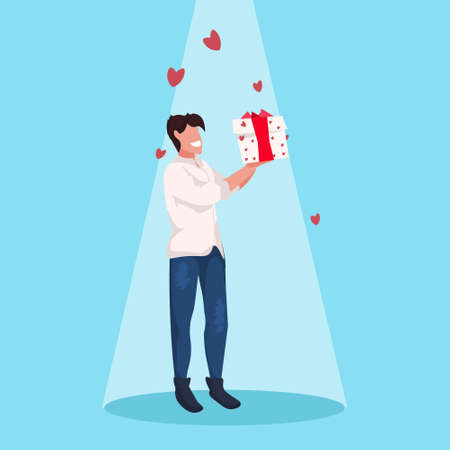 man holding gift box wrapped surprise happy valentines day holiday celebration concept guy standing over heart shapes blue background male full length character flat vector illustrationのイラスト素材