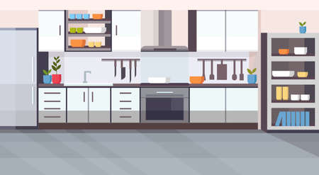 modern kitchen interior design empty no people room with contemporary appliances flat horizontal vector illustrationのイラスト素材