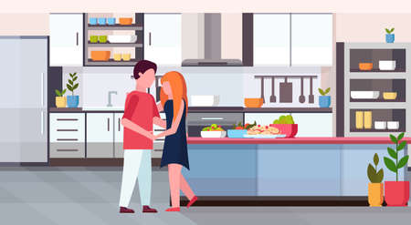 couple dancing together happy valentines day celebrating concept man woman having fun modern kitchen interior flat horizontal vector illustrationのイラスト素材