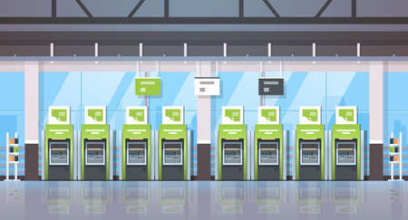 row ATM money automatic teller machine payment terminals center financial operations concept banking equipment modern bank office interior horizontal banner flat vector illustrationのイラスト素材