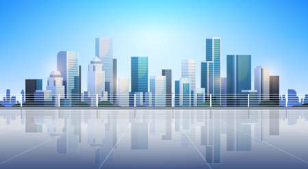 big modern city building skyscraper panoramic view sunshine cityscape background skyline flat horizontal vector illustrationのイラスト素材