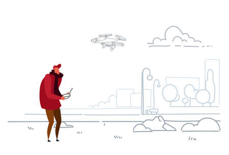 man using aerial remote controller playing drone copter modern city urban park casual guy operating quadrocopter flying quadcopter outdoor sketch doodle horizontal vector illustrationのイラスト素材