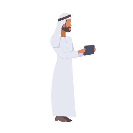 arab businessman using smartphone communication concept arabic business man wearing traditional clothes full length male cartoon character flat isolated vector illustrationのイラスト素材