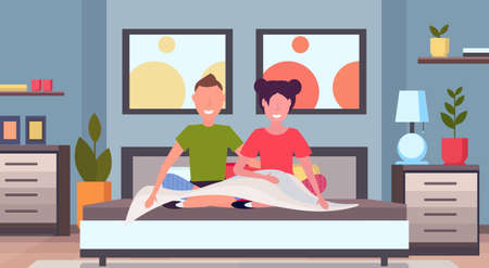 couple waking up in the morning man woman lovers embracing sitting on bed after getting up modern apartment bedroom interior flat horizontal vector illustrationのイラスト素材