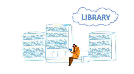 casual man sitting on couch in library student reads book education knowledge concept bookshelf reading room interior male character full length sketch horizontal vector illustrationのイラスト素材