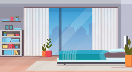 modern home bedroom interior design contemporary bed room empty no people apartment window cityscape background flat horizontal vector illustrationのイラスト素材