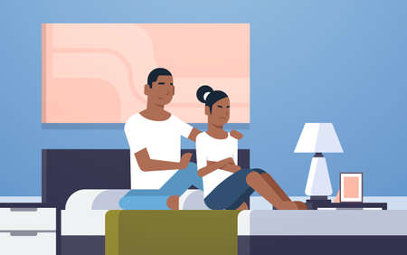 upset disappointed girlfriend feels offended african american couple sitting in bed worried bad relationship problem concept modern bedroom interior flat horizontal vector illustrationのイラスト素材