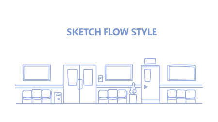 empty hospital clinic hall with seats and door empty no people corridor interior sketch doodle horizontal vector illustrationのイラスト素材