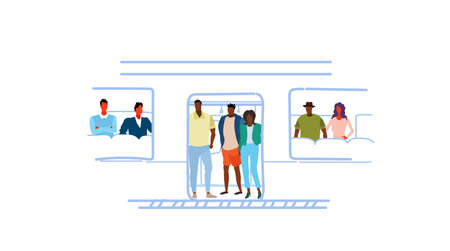 mix race people passengers in train subway car city public transport underground tram rash hour concept sketch doodle male female cartoon characters horizontal vector illustrationのイラスト素材
