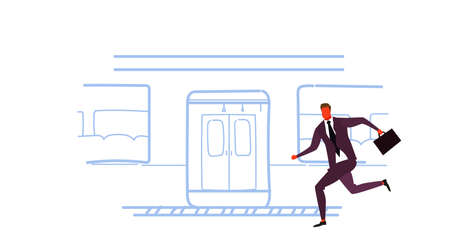 businessman running to catch train subway city public transport underground tram sketch doodle male cartoon character full length horizontal vector illustrationのイラスト素材