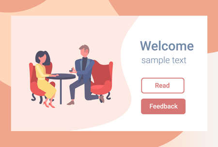 man kneeling holding engagement ring proposing to woman marry him happy valentines day concept couple in love marriage offer copy space horizontal flat vector illustrationのイラスト素材