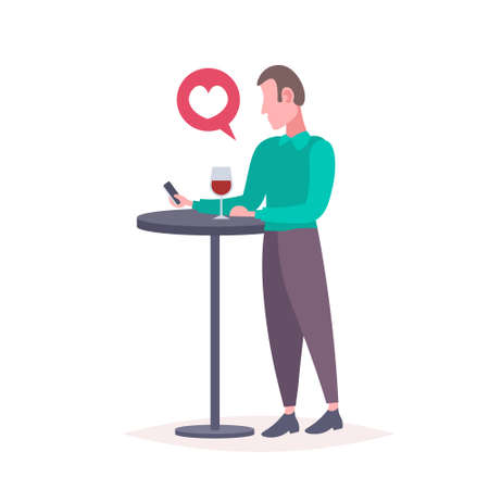 man using smartphone at cafe table love chat bubble communication concept elegant guy drinking wine chatting cell phone isolated full length flat vector illustrationのイラスト素材