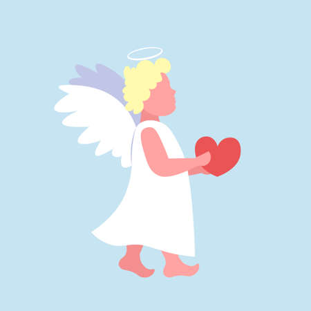 little valentines angel cupid holding red heart happy valentine day cute girl flying female cartoon character full length flat blue background vector illustrationのイラスト素材