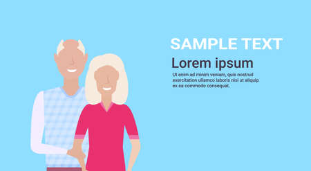 senior couple embracing together happy grandparents mature old man and woman in love male female characters portrait flat horizontal blue background copy space vector illustrationのイラスト素材