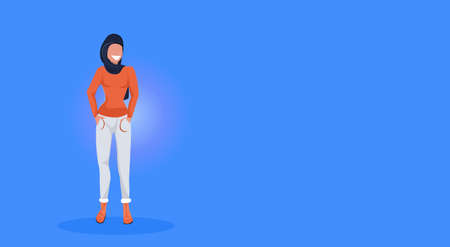 arab woman standing pose happy arabic girl wearing black hijab fashion clothes muslim female cartoon character full length flat blue background horizontal vector illustrationのイラスト素材