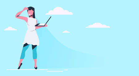 woman using laptop happy girl wearing fashion clothes standing pose female cartoon character full length flat blue sky background horizontal vector illustrationのイラスト素材