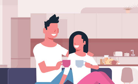 couple drinking tea coffee man woman sitting on couch happy lovers communicating modern kitchen interior male female cartoon characters portrait horizontal vector illustrationのイラスト素材