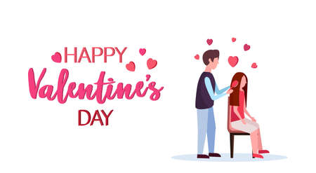 man with hairbrush combing woman lovers couple preparing happy valentines day holiday celebration concept greeting card isolated horizontal flat vector illustrationのイラスト素材