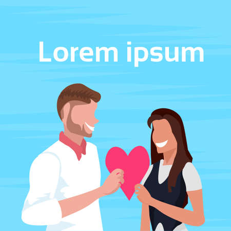 couple lovers holding red heart shape happy valentines day holiday celebration concept man woman in love male female cartoon characters portrait copy space flat vector illustrationのイラスト素材