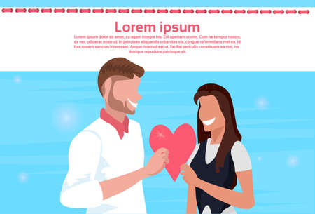 couple lovers holding red heart shape happy valentines day holiday celebration concept man woman in love male female cartoon characters portrait horizontal copy space vector illustrationのイラスト素材
