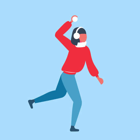 woman playing snowball fights girl throwing snow ball wearing winter clothes female cartoon character full length flat blue background vector illustrationのイラスト素材