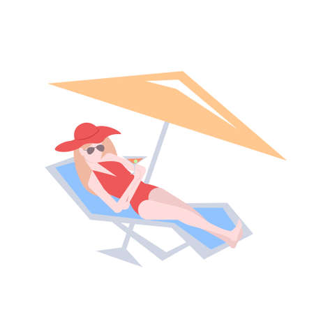 beautiful bikini woman relaxing on sunbed girl drinking cocktail lying on lounger under beach umbrella female cartoon character full length flat isolated vector illustrationのイラスト素材