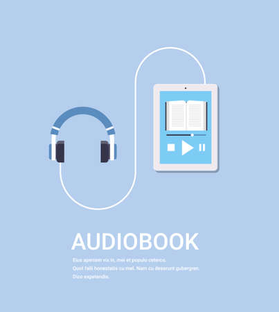 online audiobook mobile application tablet or smartphone screen with headphones audio book distance education e-learning concept blue background copy space vector illustrationのイラスト素材