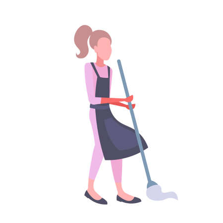 woman mopping floor with mop housewife wearing apron using flat wet-mop flat full length isolated vector illustrationのイラスト素材