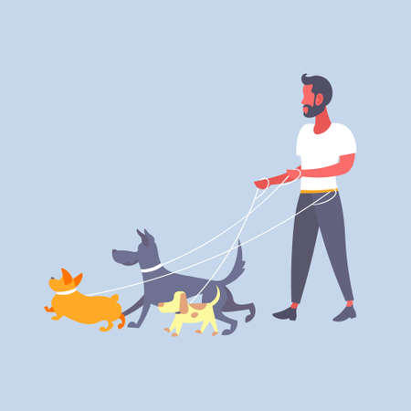 casual man dog walker guy walking with many dogs owner with pets different breeds male cartoon character full length flat vector illustrationのイラスト素材