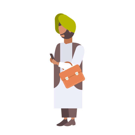 indian businessman using smartphone holding briefcase man wearing traditional clothes turban male cartoon character full length flat isolated vector illustrationのイラスト素材