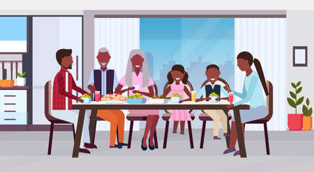 multi generation family sitting around table eating meal together happy african american grandparents parents and children modern kitchen interior flat horizontal vector illustrationのイラスト素材