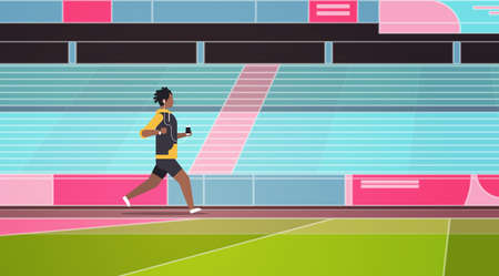 fitness man running stadium track african american guy listening to music with headphones on smartphone healthy lifestyle concept tribunes background full length flat horizontal vector illustrationのイラスト素材