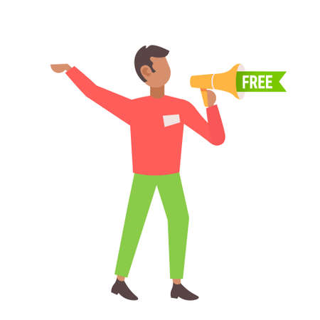 man holding loudspeaker african american announcer shouting megaphone special offer discount announcement concept male cartoon character full length flat isolated vector illustrationのイラスト素材