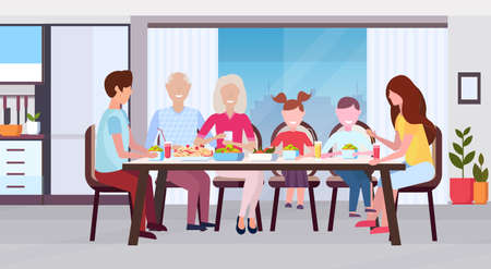 multi generation family sitting around table eating meal together happy grandparents parents and children modern kitchen interior flat horizontal vector illustrationのイラスト素材