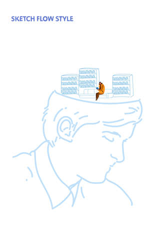 open human head man student reads book sitting on couch modern library interior education creative idea concept sketch flow style vertical vector illustrationのイラスト素材
