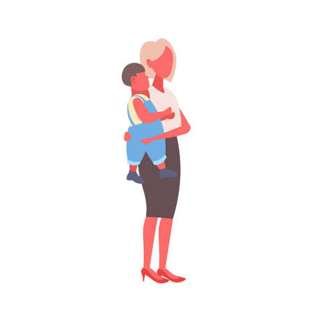 mother holding little son woman embracing baby boy family concept isolated male female cartoon characters full length flat isolated vector illustrationのイラスト素材