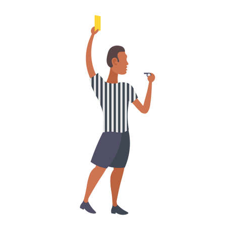 man professional soccer referee showing yellow card to player football match african american arbitrator male cartoon character full length flat isolated vector illustrationのイラスト素材