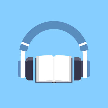audiobook headphones over open textbook audio book distance education e-learning concept blue background vector illustrationのイラスト素材