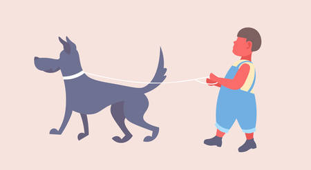 little boy walking with dog cute child and his dog having fun male cartoon character full length flat horizontal vector illustrationのイラスト素材